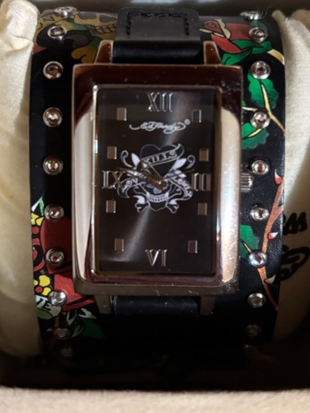 Ed Hardy Black Tattoo-Print Wide Cuff Watch with Red & Green Accents